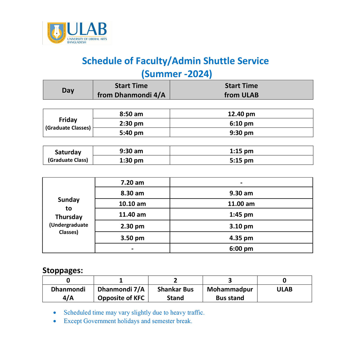 Schedule of Faculty Admin Shuttle Bus Service University of Liberal